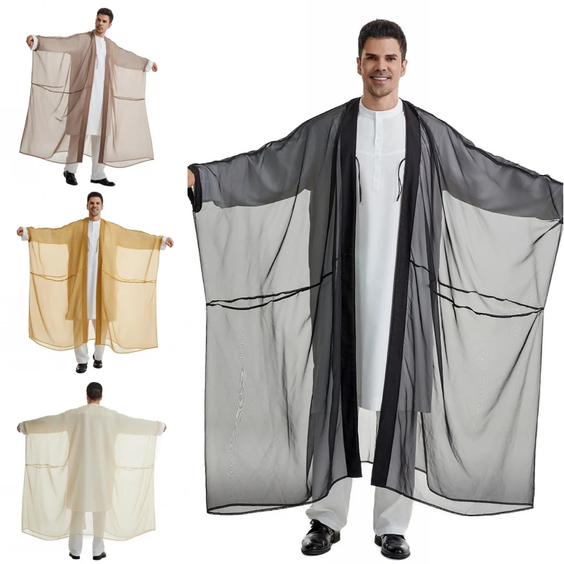 Arab Muslim Thobe Jibbah Men Loose Cardigan Islamic Kaftan Burqa Middle East Man Clothing Bat Sleeve Robe Jubba Lightweight Gown