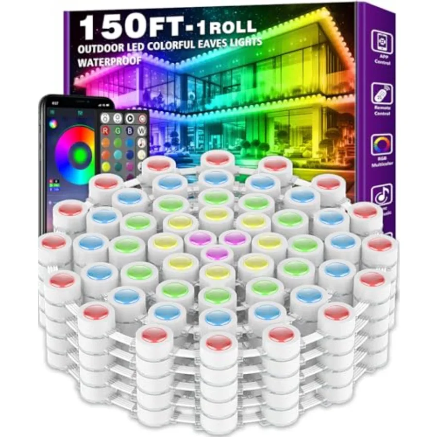 150FT Permanent Outdoor RGB Lights - IP67 Waterproof with Smart App Control RemoteDIY Scene Modes Music Synchronization Eaves L