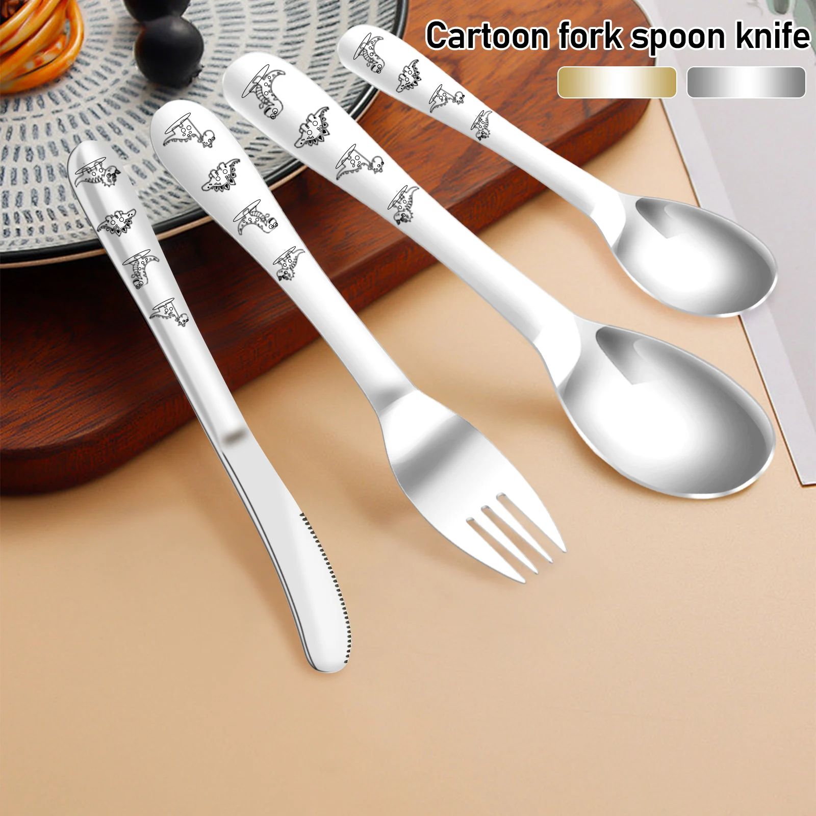 8Pcs Toddler Utensils Spoons Forks Set Stainless Steel Silverware Set Mirror Polished Child Cartoon Tableware Kids Self Feeding