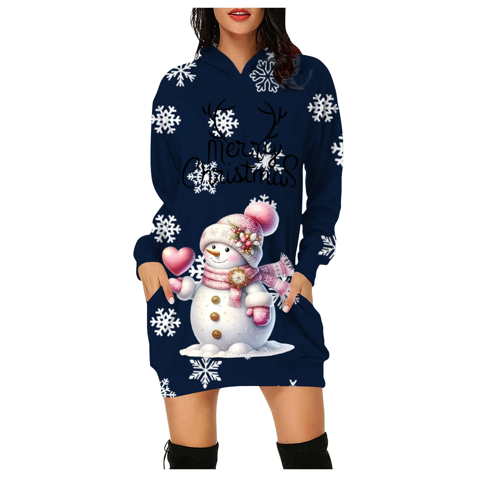 Boneco de neve feminino Natal estampado manga comprida pulôver vestido com capuz, casual solto, vestidos de bolso, moda