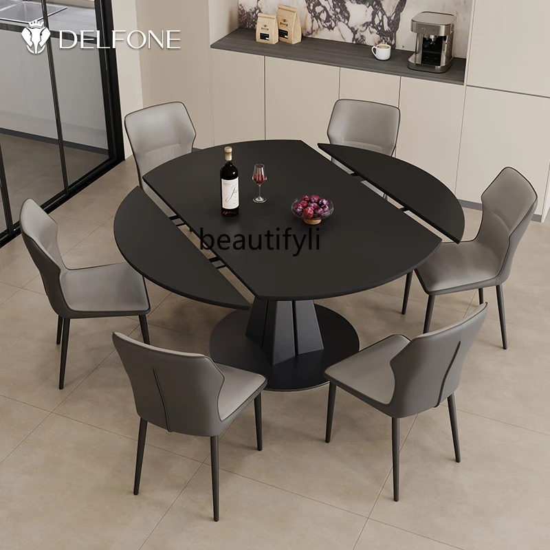 

Rotating and retractable rock slab dining round table, household dining table and chairs, square becomes round