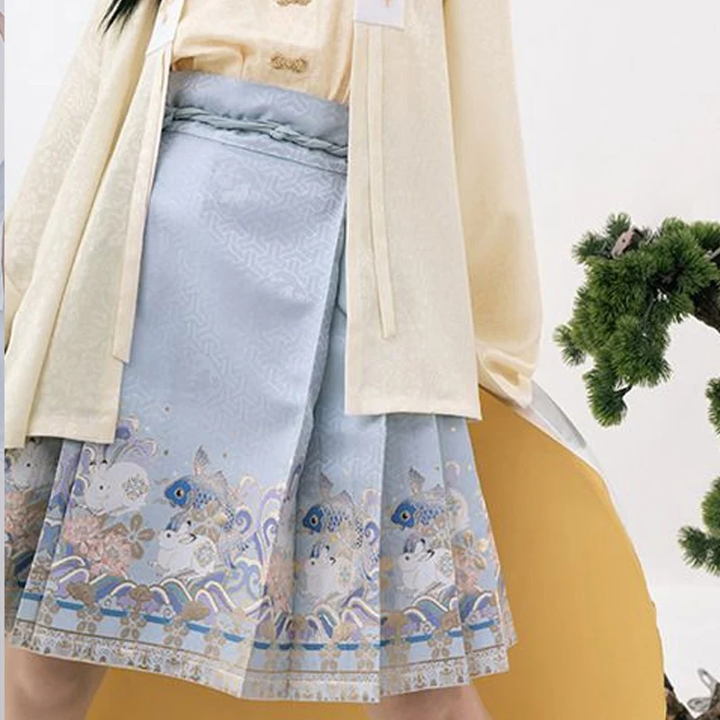 2023 Spring Summer New Fashion Printing High Waist Strap A-line Skirt Women High Street Chinese Style Loose Casual Pleated Skirt