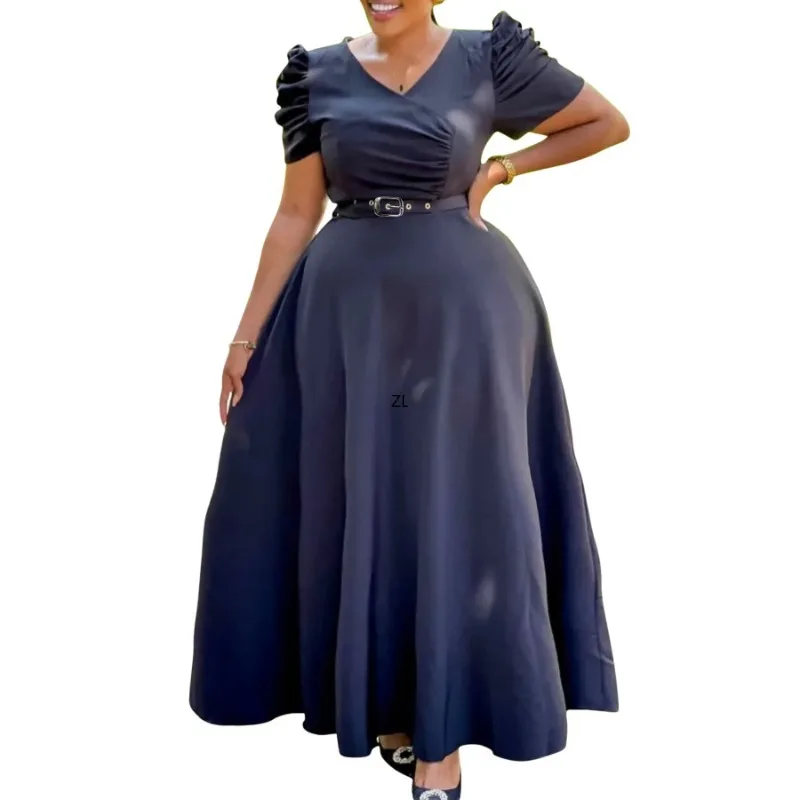 

Elegant African Dresses for Women Summer African Short Sleeve V-neck Polyester Party Evening Long Dress African Clothes