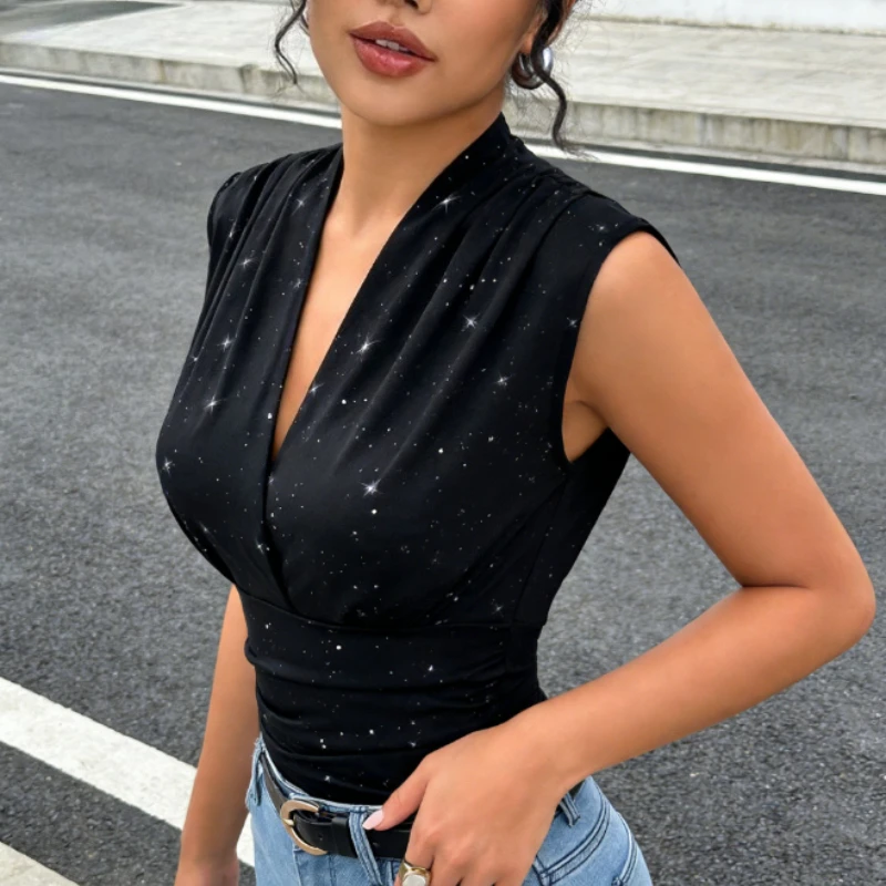 

Винтажная черная плиссированная женская блузка без рукавов с v-образным вырезом и блестками, летняя шикарная облегающая пуловер, женская одежда