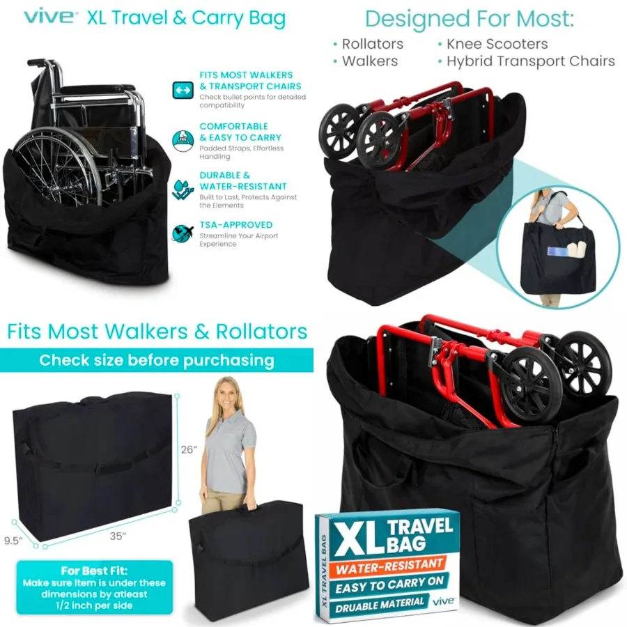 

Vive XL Carry and Travel Bag for Rollator Walkers and Transport Chairs - Cover Carrier Accessory for Car Travel, Storage, Senio
