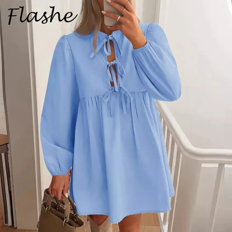 Elegant Women Shirt Dress Bow Hollow Out Long Sleeve Blue Dress Women Vacation Dresses Female Mini Dress Sweet Short Robe