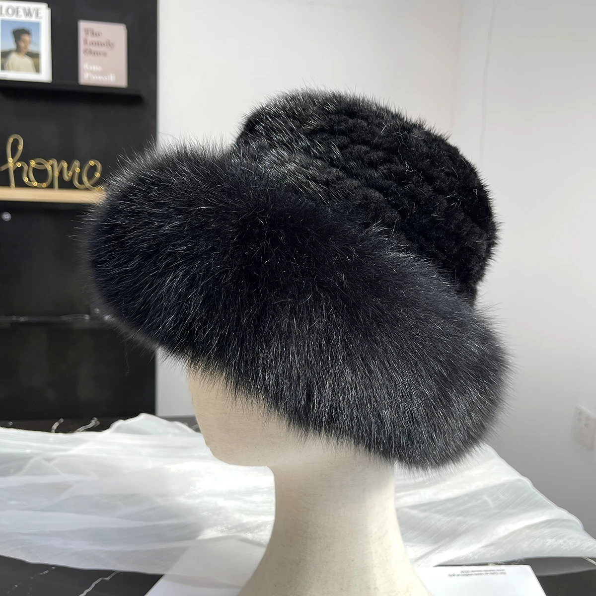 Fur Lover Women Warm 2023 Winter Luxury Knit Mink Fur Hat With Bigger Fox Fur Trim Good Quality