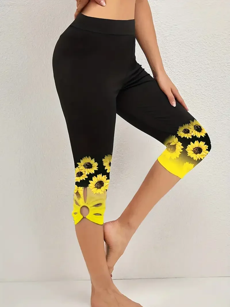 Women’s Plus Size 1XL-8XL Sunflower Print Leggings Fashionable Cut Out Comfortable Finess Capri Curvy Ladies Perfect Casual Wear