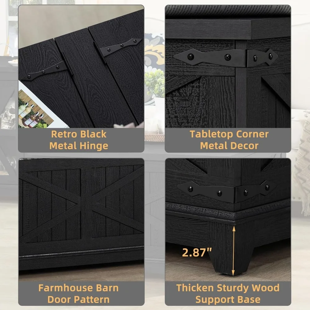 Large Square Modern Farmhouse Coffee Table with Hidden Storage, Black Wood Living Room Centerpiece Organizer