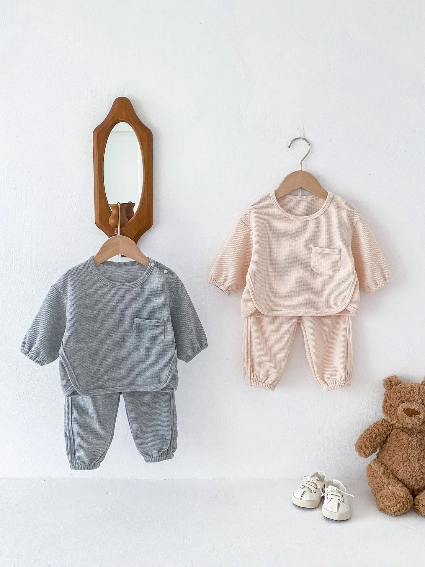 2024 Autumn New Toddler Baby Solid Waffle Set Infant Boy Girl Casual Tops + Pants 2pcs Suit Children Simple Versatile Outfits