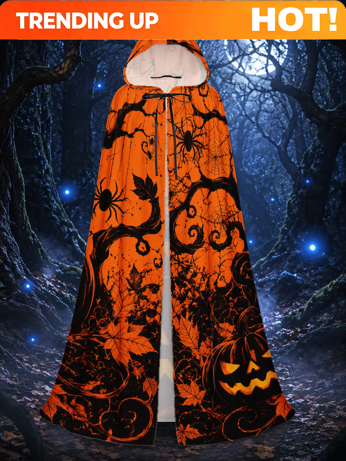 Customization 1pc, Polyester Witch's Robe With Halloween Gothic Pumpkin Night Pattern, Hooded Cape For Halloween And Christmas C