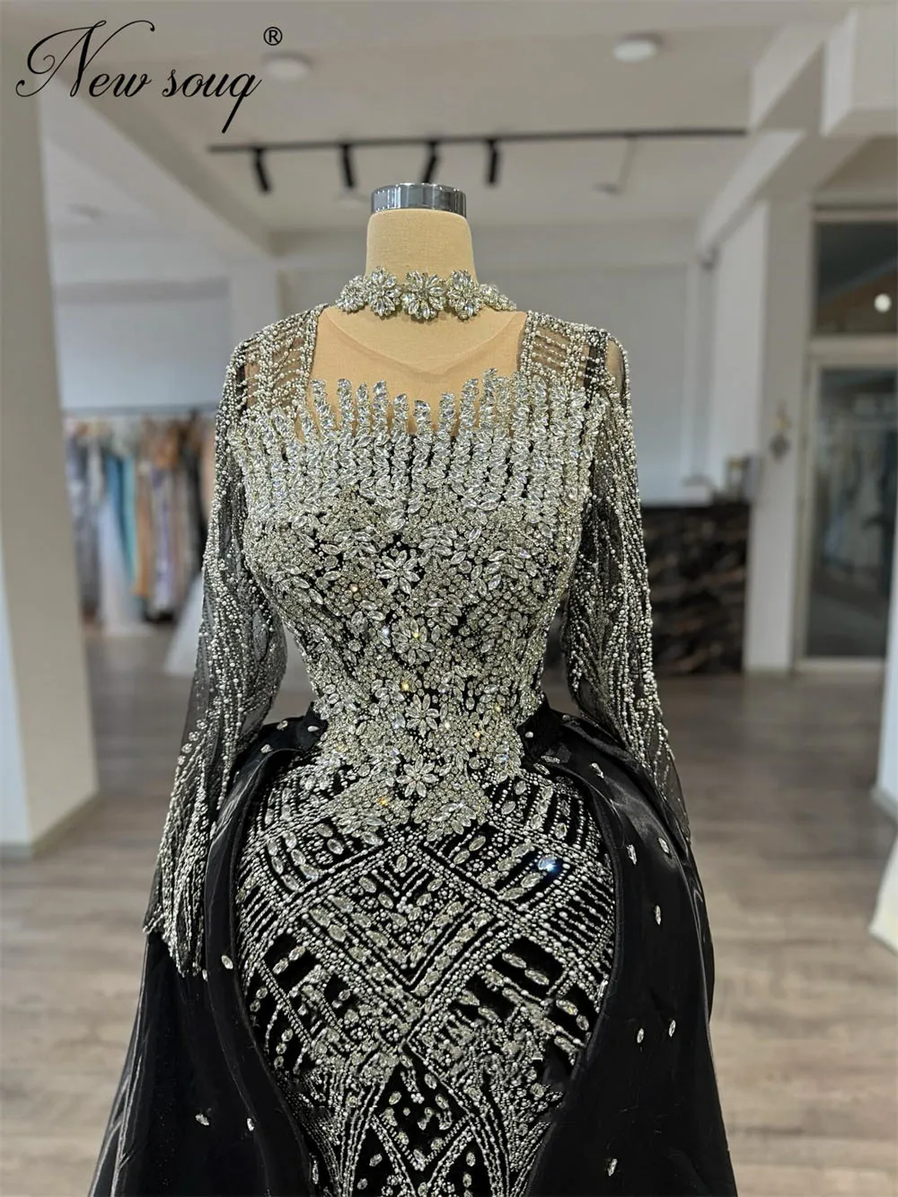 

2 In 1 Black Long Sleeves Evening Dresses Detachable Skirt Beading Wedding Party Gowns Prom Dress Robes De Soiree Customized