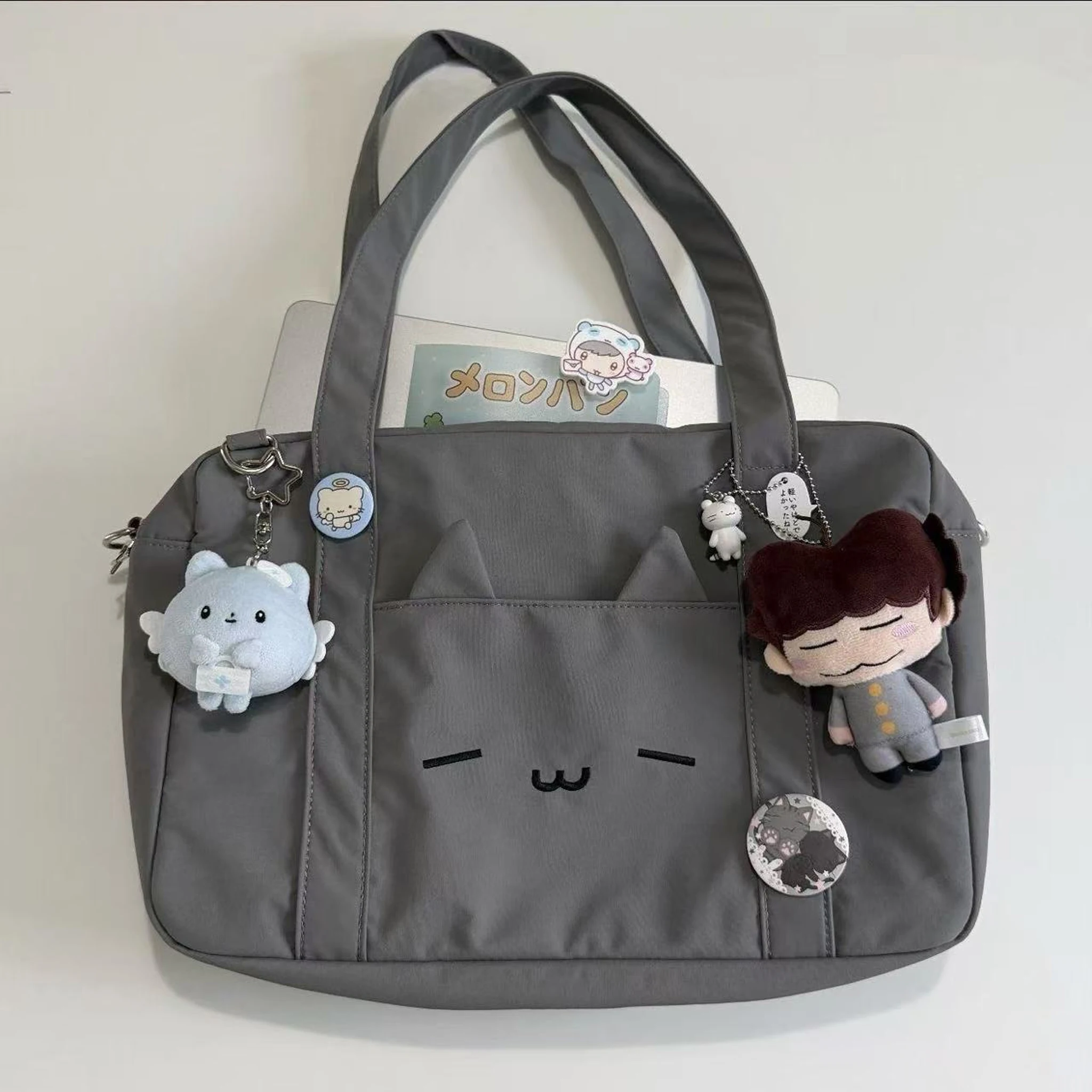 Kawaii Korean-style Bag INS Cat Face Design Gray Tote Bag Everyday Commuting Versatile Large-Capacity Shoulder and Crossbody Bag