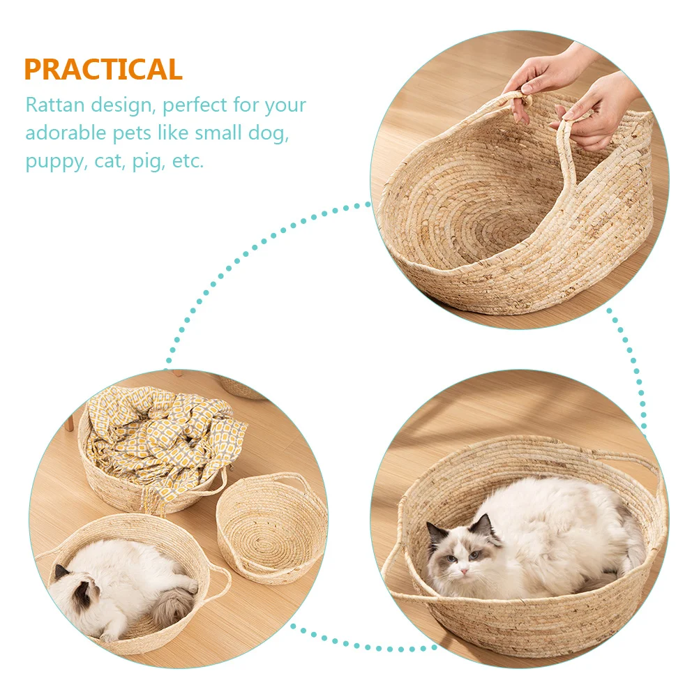 

Rattan Cat Nest Woven Bed for Cats Cattail Grass Beds Pet House Dog Cat Nest Comfortable Warm Material Lightweight Traveling