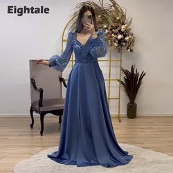 Eightale Light Blue Evening Dresses Long Sleeves Sweetheart Glitter A-Line V-Neck Customized Prom Party Gown vestido de fiesta