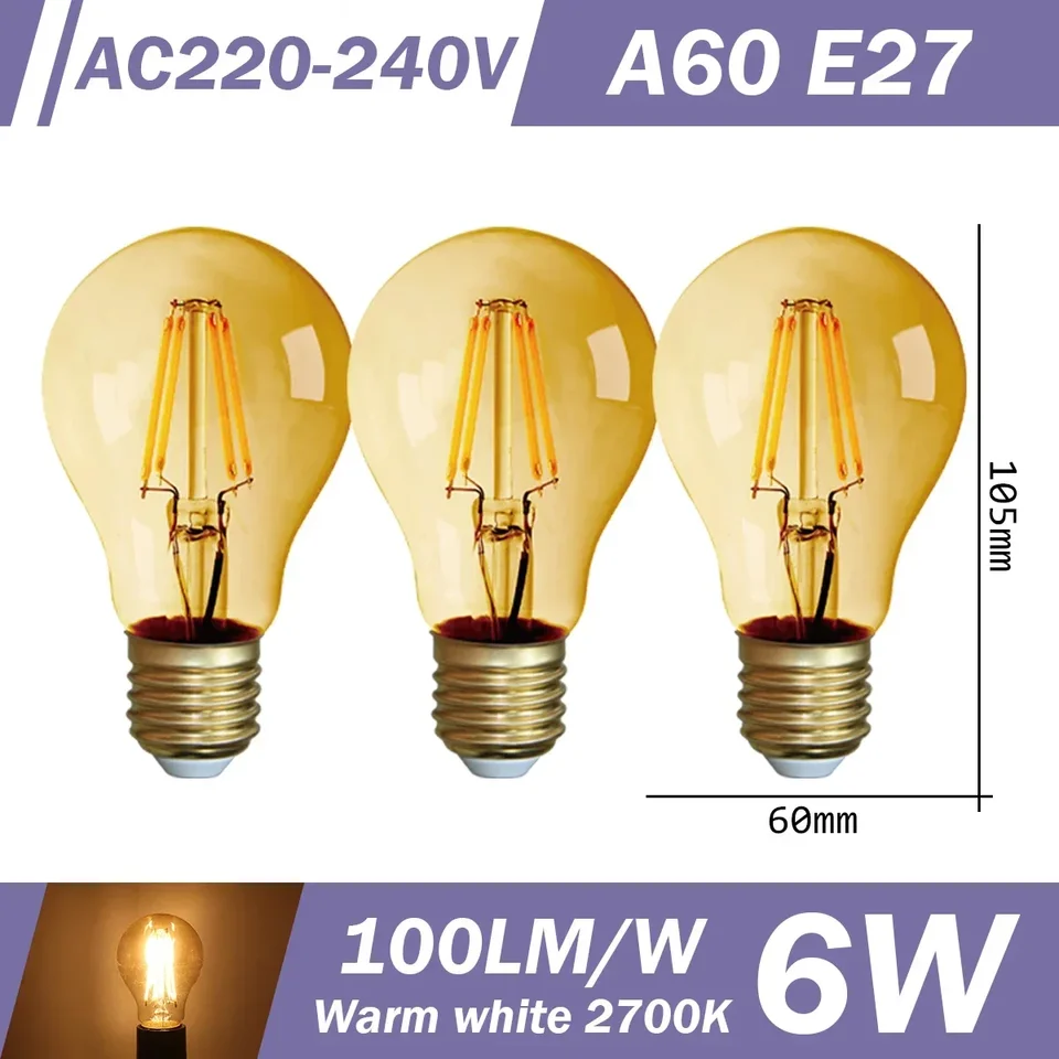 3pcs Retro Led Light Bulb E27 B22 E14 C35 A60 ST64 AC220-240V Edison Filament Bulb Vintage Warm Glass Lamp Lighting Indoor Light, image 29