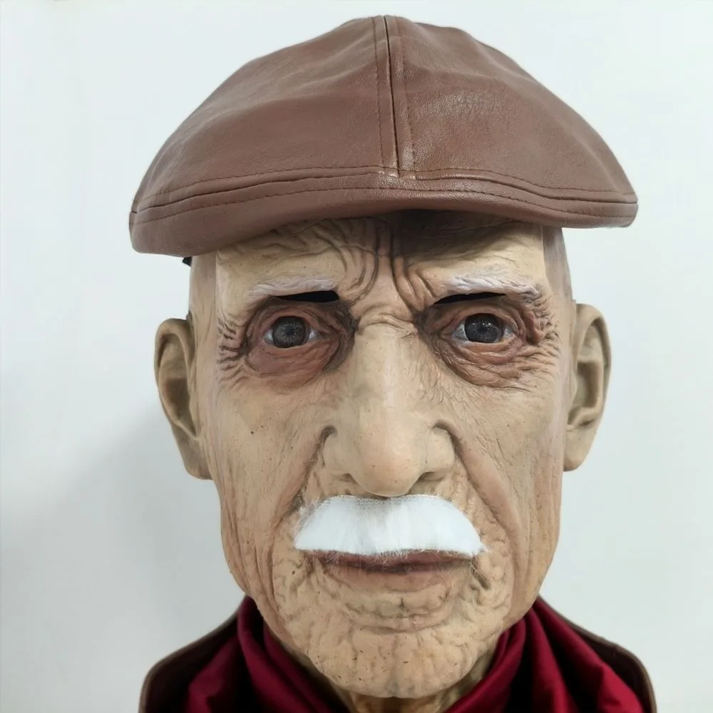 Männer realistische alte Mann Gesichtsmaske mit Baskenmütze Hut Halloween Kostüm Zubehör PU Leder Bart Mode Erwachsene Cosplay Gummi Maske – Detail 1