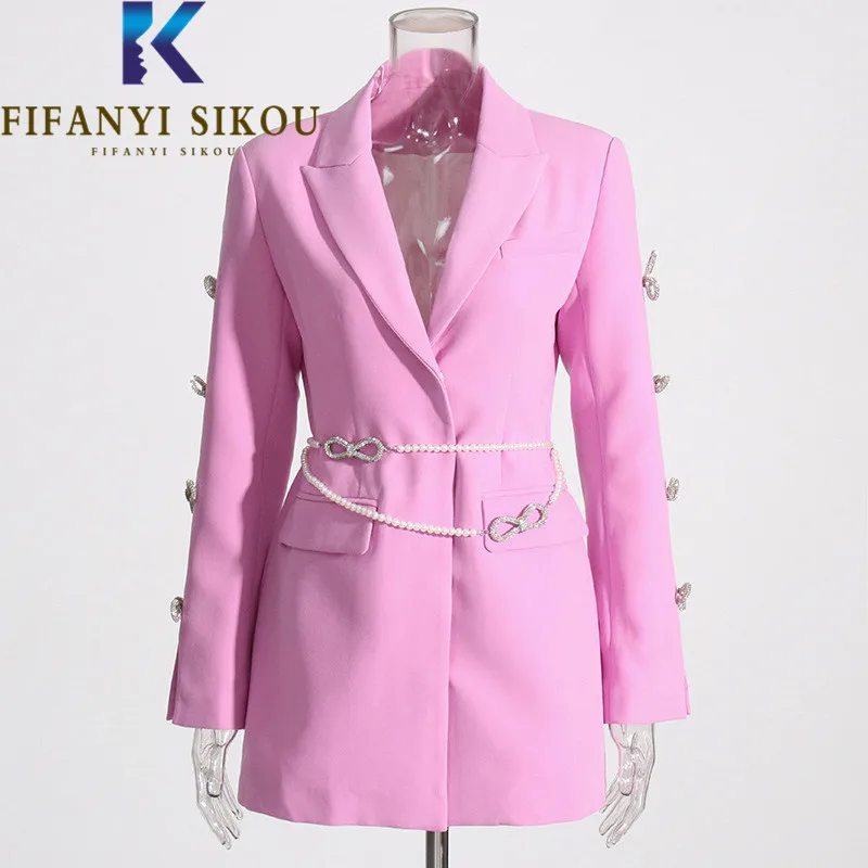 Pink Suit Jacket Women Pearl Belt Fashion Diamonds Hollow Out Long Sleeve Blazer Jacket Female Spring Loose Chic Blazers Coat