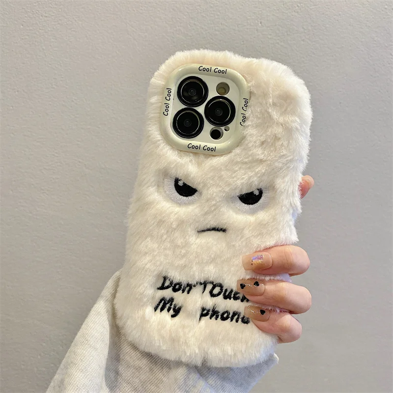 Funny Warning Emoticon Plush Phone Case For iPhone 16 Pro 15 Plus 12 11 13 14 Pro Max Cover with Stand Cute Cartoon Fluffy Cases