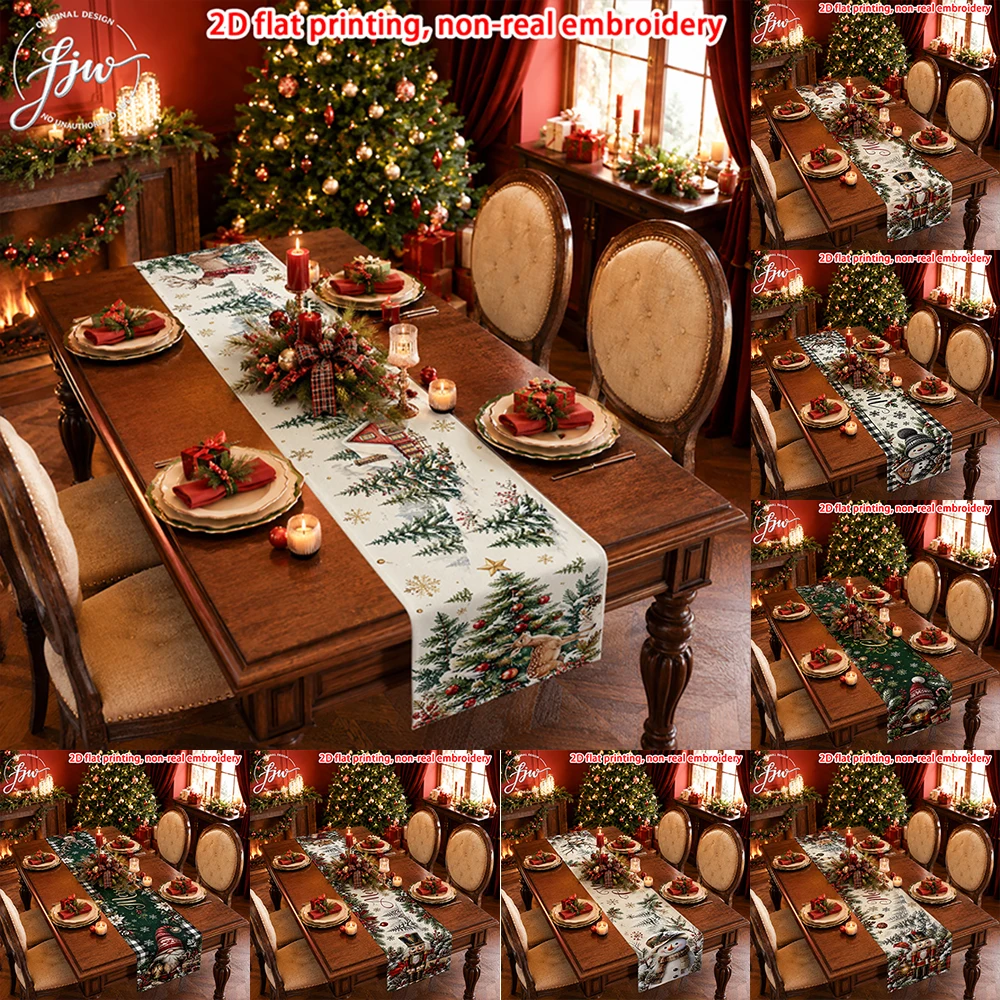 1pc Christmas Table Runner, Winter Snowman Xmas Tree Farmhouse Table Decor for Dining Kitchen Holiday Party