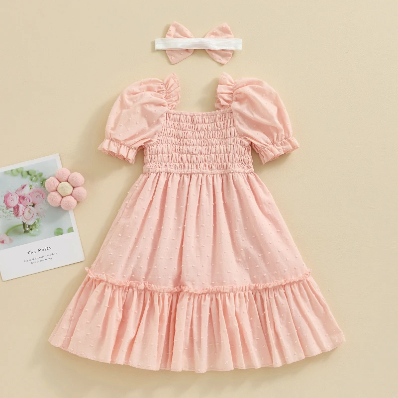 Toddler Baby Girl Summer Dress Short Puff Sleeve Smocked Cute Swing A-Line Dress with Headband