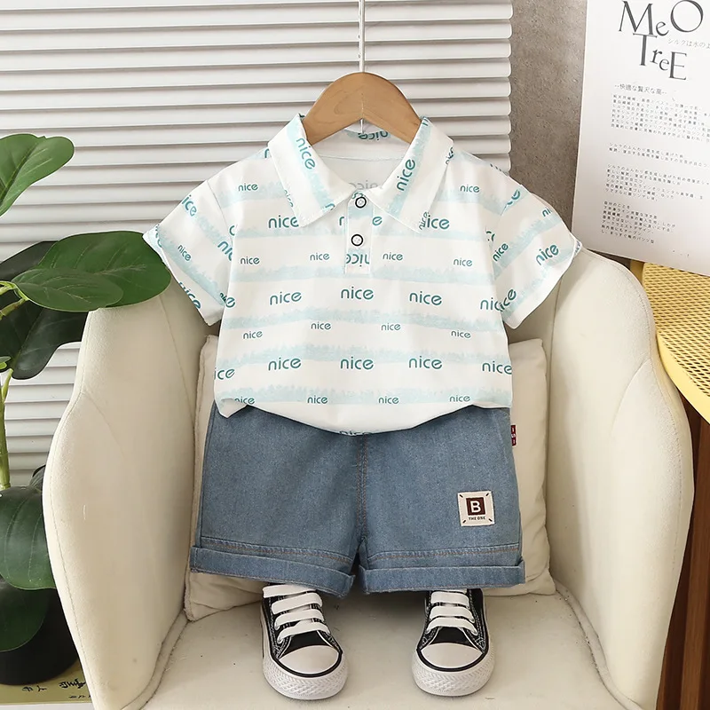 

Toddler Outfit 2025 Korean Summer Baby Boy Clothes 1 To 2 Years All Over Print Letter Short Sleeve T-shirts and Shorts Boys Suit