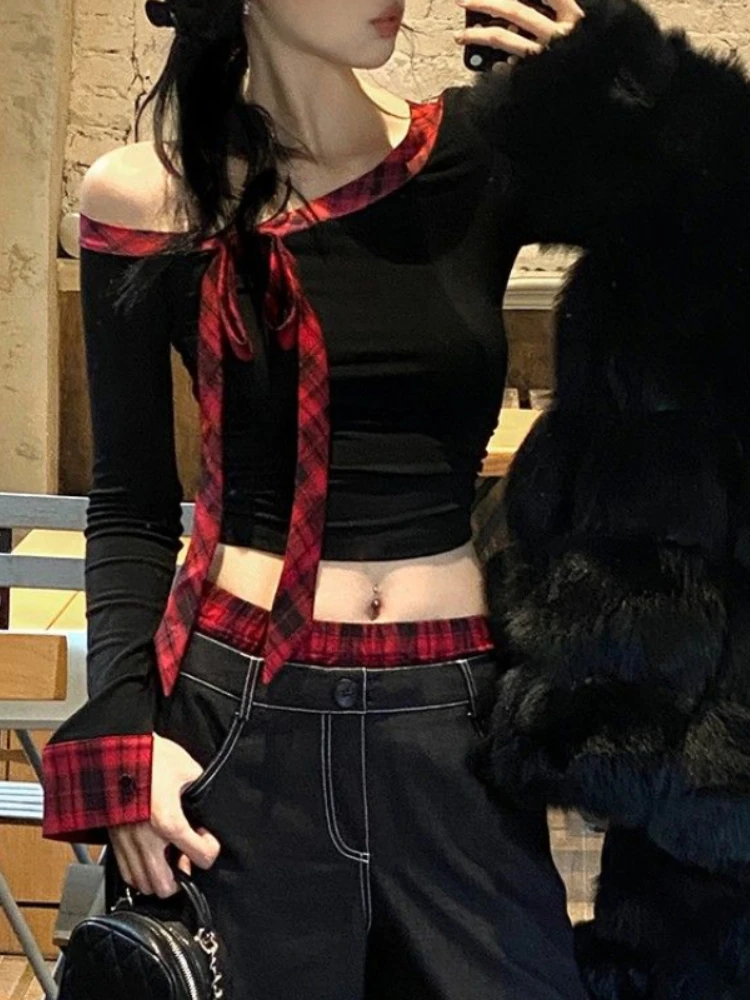 Korean Sexy Slash Neck Women T Shirts Y2K Fashion Patchwork Lace Up Crop Top Harajuku Streetwear Slim All Match Ladies Tees New