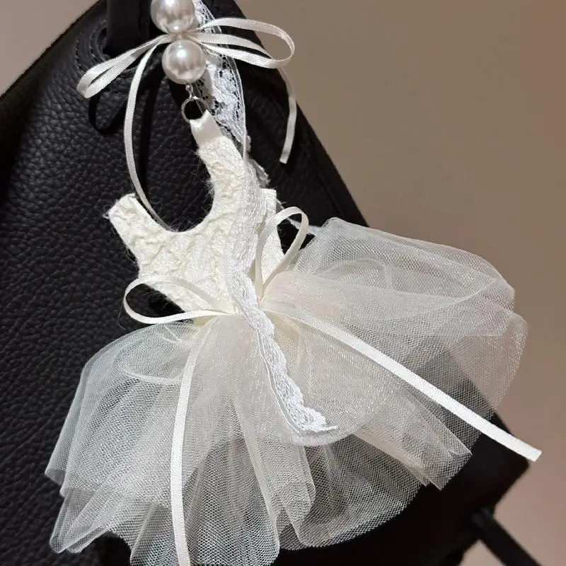 Cute Ballet Dress Shaped Keychain With Lace Tulle Skirt And Faux Pearl Decor Perfect For Bag Pendant Gift For Ballet Lovers Tee