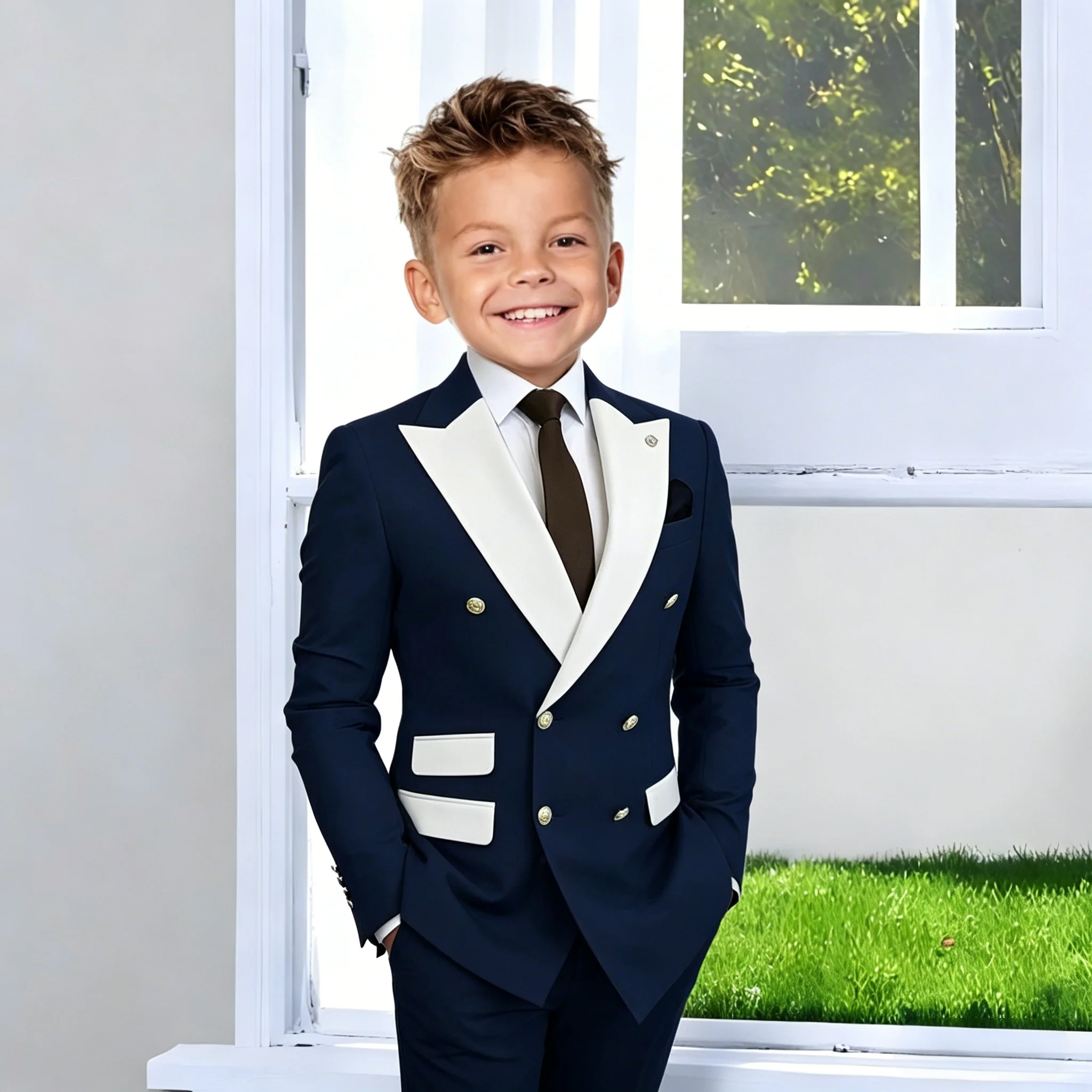 

Elegant Boy Suits Fashion Performance Kid Double Breasted Blazer Pants 2 Pcs Formal Activities Child Outfits 2 to 16 Years