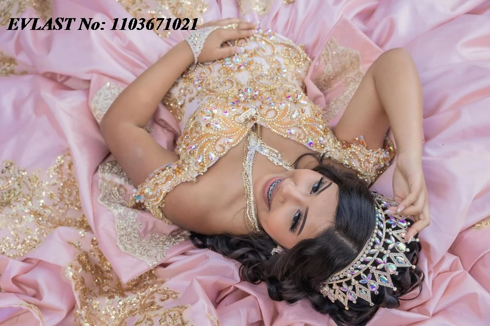 فستان Quinceanera وردي لامع من EVLAST فستان حفلة مزين بالدانتيل الذهبي مع فيونكة مطرزة حلوة 16 فيستدوس دي 15 أنوس مخصص SQ790