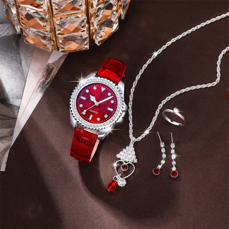 New 5pcs Set Watches Women Leather Band Ladies Watch Simple Casual Womens Analog WristWatch Gift Montre Femme