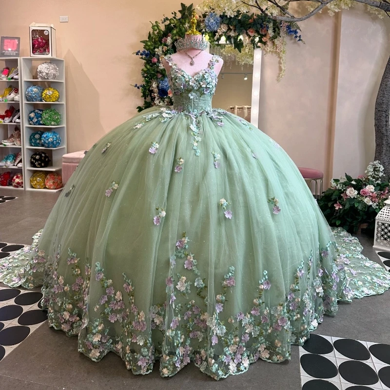 Sparkly Sage Green Quinceanera Dress Ball Gown Off The Shoulder 3D Floral Applique Beaded Corset Sweet 16 Vestidos De 15 Años