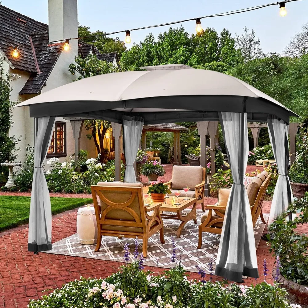 10x10 Patio Gazebo, Canopy Gazebo with Netting and Sandbags, Patio Gazebo Double Vent Heavy Duty