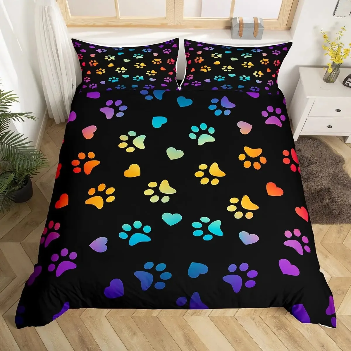 Dog Paw Print Duvet Cover Watercolor Gradient Puppy Footprints Comforter Cover with 2 Pillowcases,Funny Pets Animal Quilt Cover