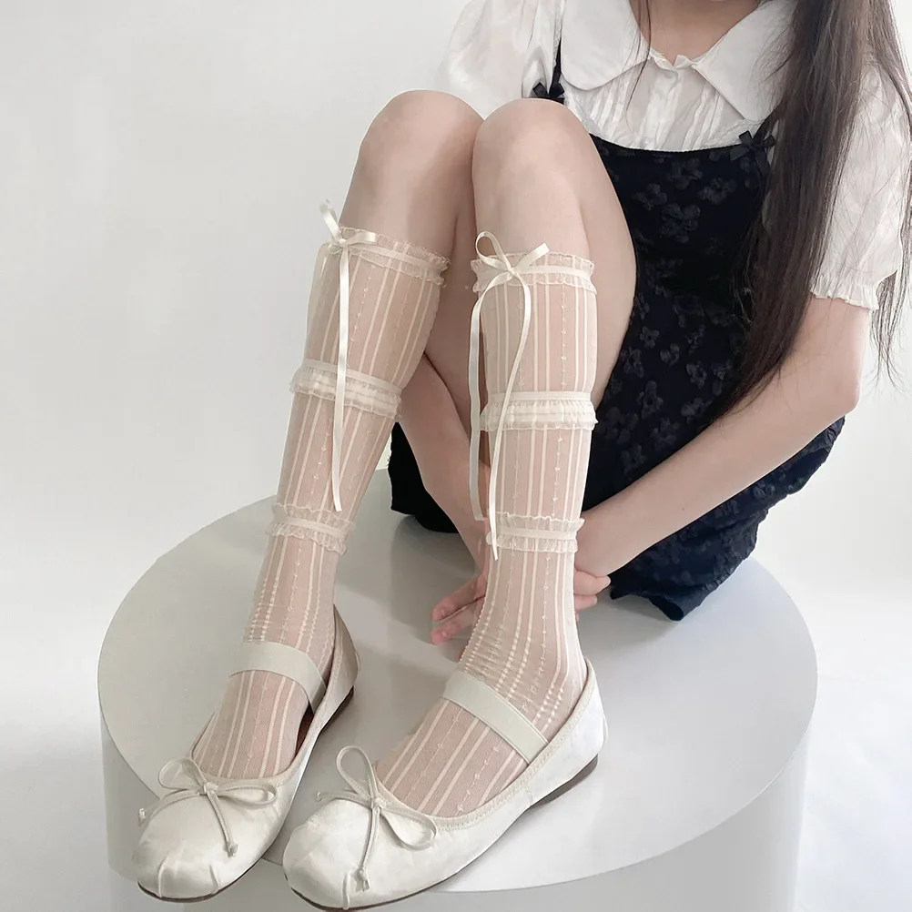 Sexy Lace Mesh Fishnet Stockings Women JK Girls Ruffle Socks Women Stockings Lolita Kawaii Bandage Bowknot Knee Socks Stockings