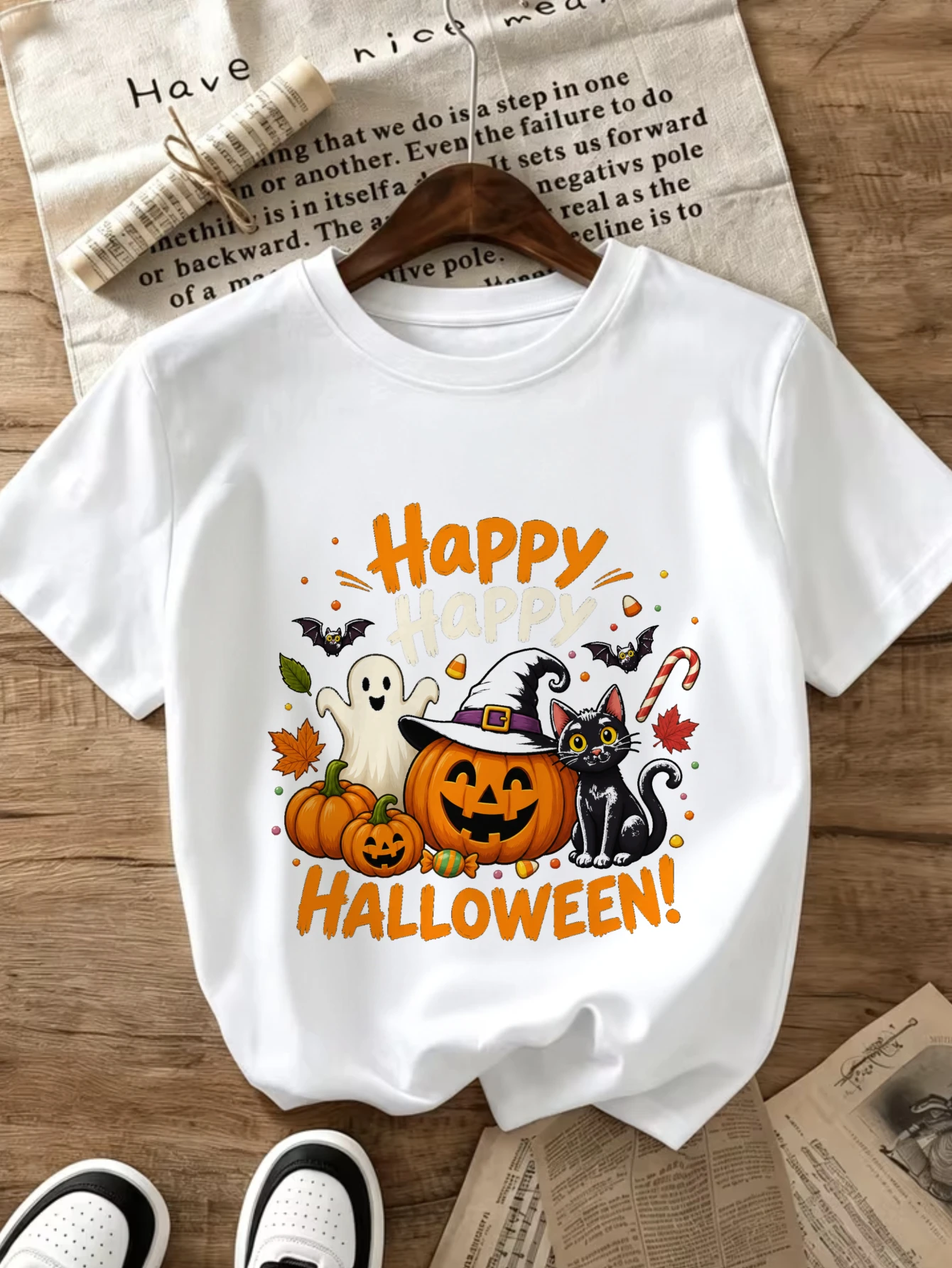 Cute Crop Top, Women'S Spring And Autumn Short Sleeve Crew Neck Graphic T-Shirt, 100%, Happy Halloween Pumpkin Ghost Black Cat Pattern, a Stylish And Casual Choice, Attitude T-Shirt, Local Delivery