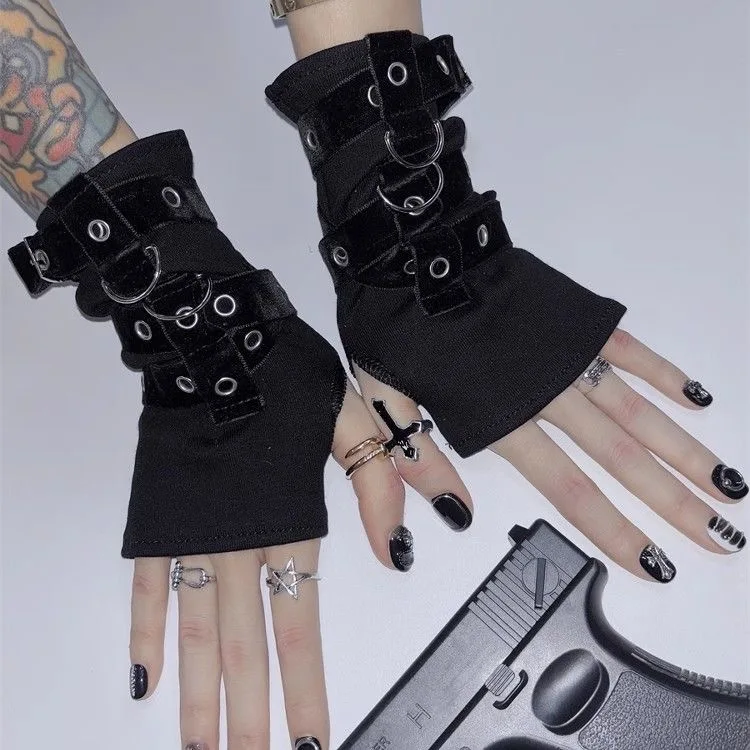 

black gloves wide wrist black lolita accessories punk black gloves cosplay y2k accessories gothic style fingerless gloves women