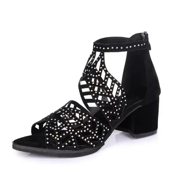 Sandals Women Summer Hollow Out Zipper Open Toe Thick Heel Sandals Casual Gladiator Shoes Platform Diamond Sandals