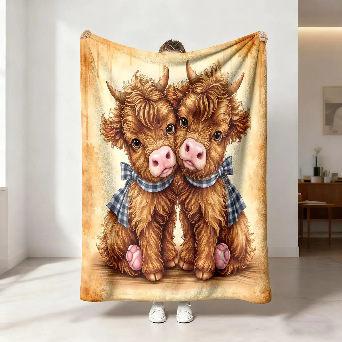1pc Floral Highland Cow Print 230 Flannel Blanket In Multiple Sizes, Soft And Comfortable, Machine Washable Cover Blanket