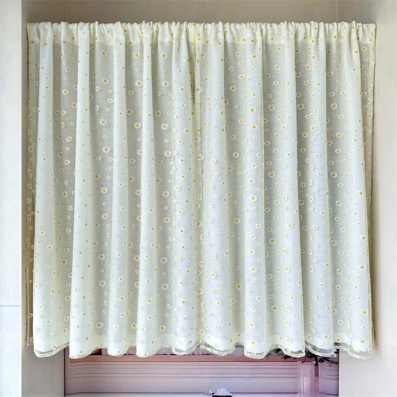 Pastoral Fragmented Daisy Flowers Embroidered Double Layer Curtains For Living Room Bedroom Door Window Voile Rod Pocket Drapes