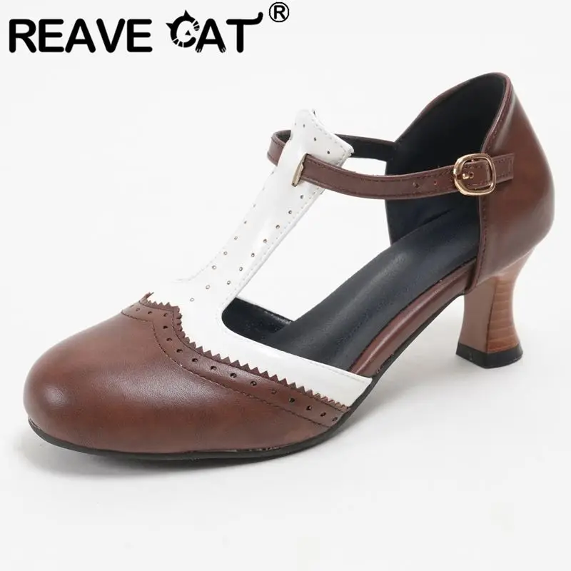 

REAVE CAT Pink Women Sandals Round Toe 6cm Block Heel Buckle T-Strap Mixed Color Plus Size 44 45 46 47 48 Sweet Mary Janes Shoes