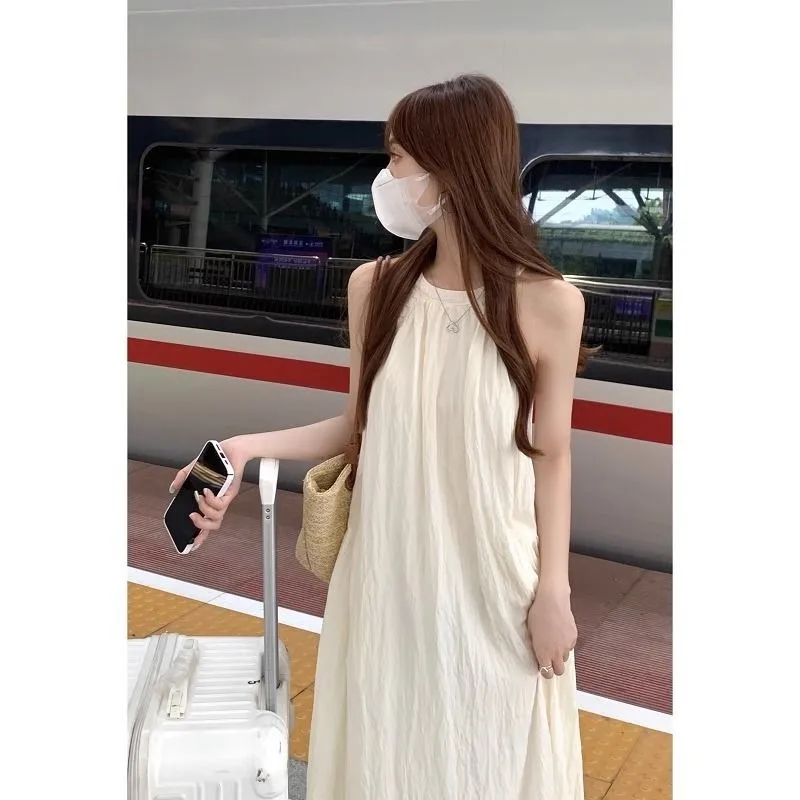 프렌치 스타일 넥타이 드레스, 여름 루즈핏 슬리밍 신상 디자인 민소매 스위트 비치 휴가 롱 스커트