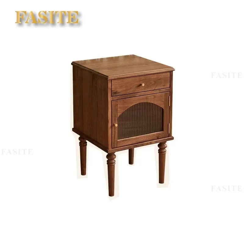 For French Vintage North American Black Walnut Bedside Table Solid Wood Bedroom Storage Cabinet with Glass Door Nightstand