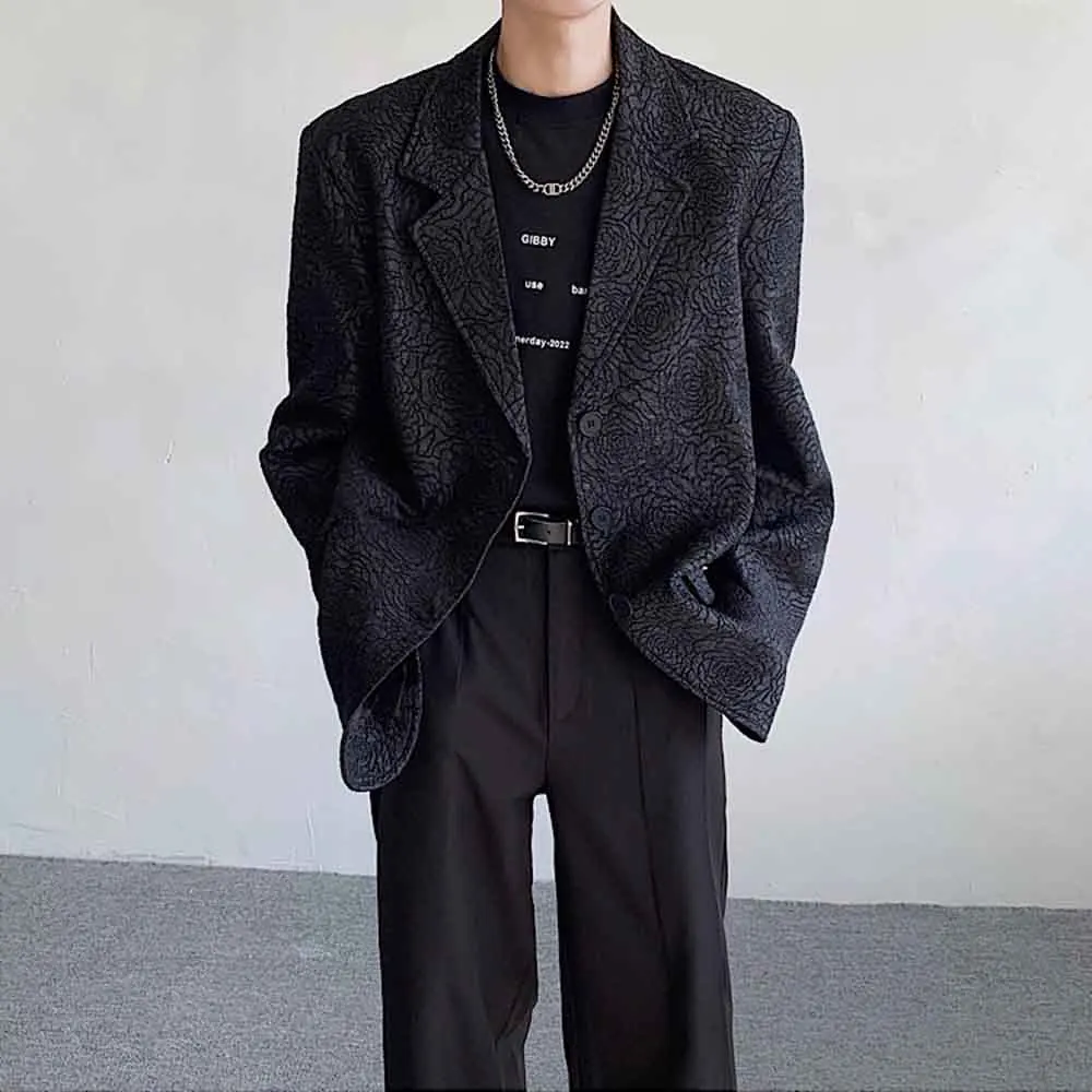 

Mens Autumn Textured Rose Casual Padded Shoulder Suit Jacket Fashion Nightclub Stage Performance British Trendy Top Men'S Wear