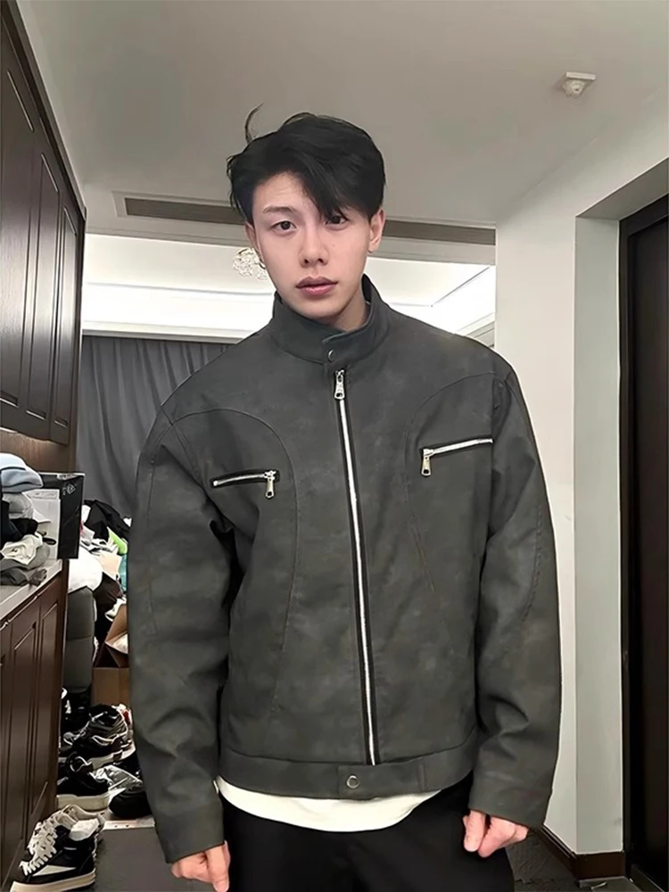 

American Sle ort Baseball Jaet Men's Spring Vintage Harington Coat Stand Collar PU Leather irt Outerwear for Teens