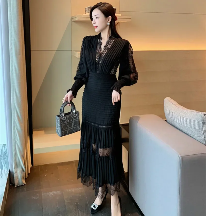 JSXDHK Fashion Runway Women Pleated Party Dress Spring Sexy V Neck Lantern Sleeve Chiffon Patchwork Lace Bodycon Slim Long Dress