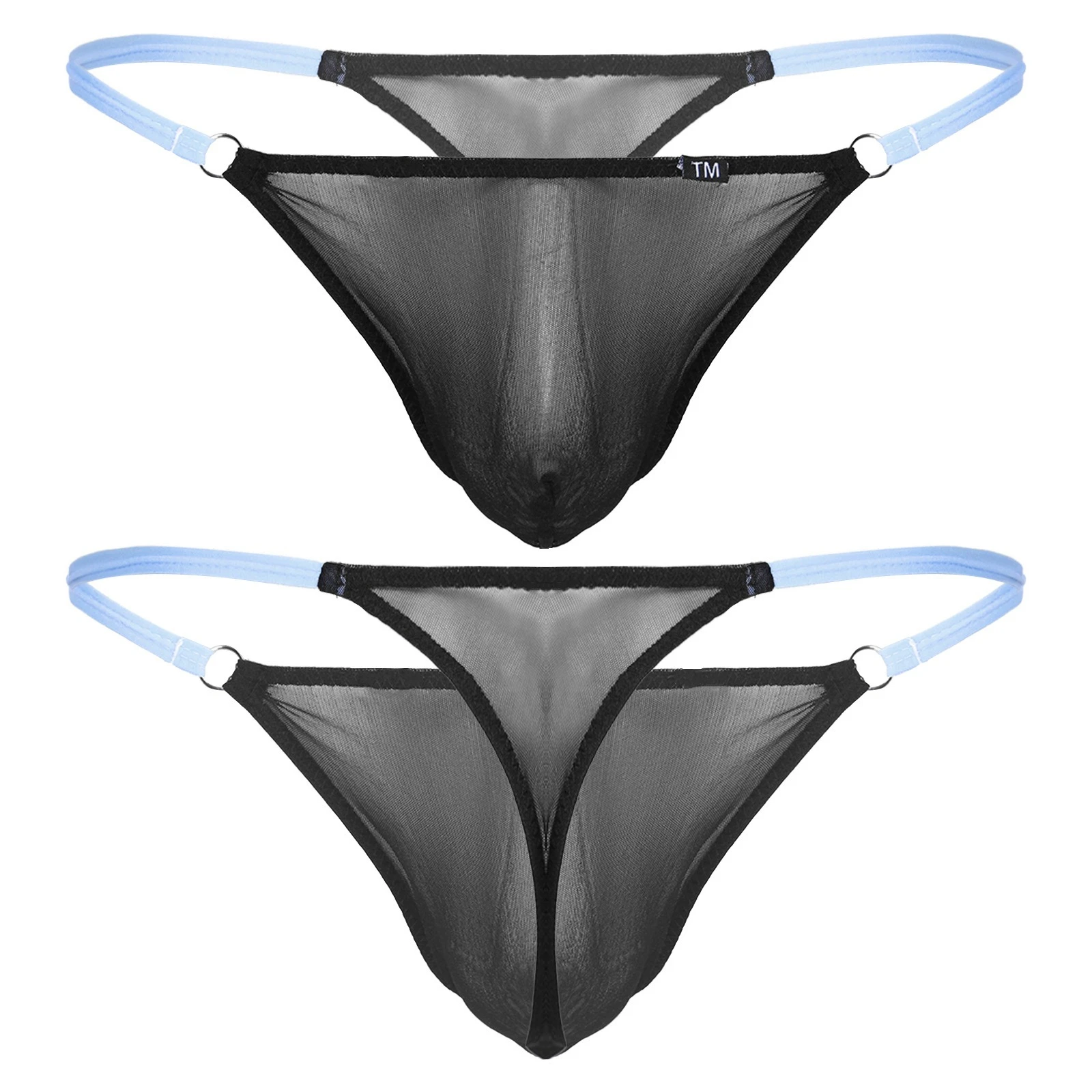 Men's Contrast Red Strap Mesh Thong Metal Ring Thin Waistband See Through Low Waist Sexy Men T-string Underpants