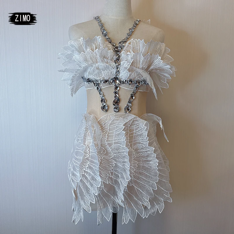 Fashion strass dress White Women Sexy mesh trasparente Mini Birthday Dress Nightclub Party Celebrate performance costumes