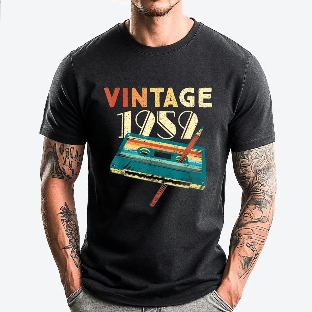 

Vintage 1959 Music Cassette 65th Birthday 65 Years Old Designer T Shirt Men Women Cotton T Shirt Men Street