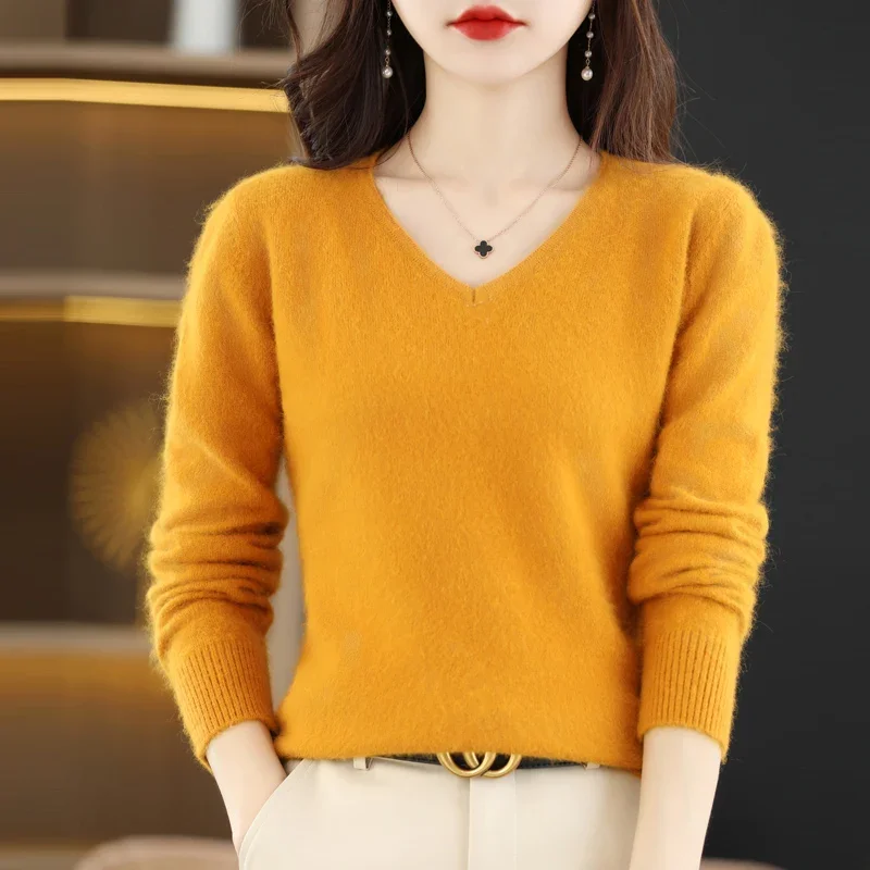 

Women's 100% Mink Cashmere Pullover V-neck Solid Sweater Autumn Winter Keep Warm Casual Knitting Basic Fashion Large Top